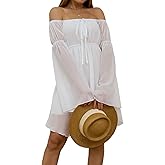 ETATNG Womens Summer Off Shoulder Bell Sleeve Lace Up High Waist Party Travel Irregular Mini A Line Dress
