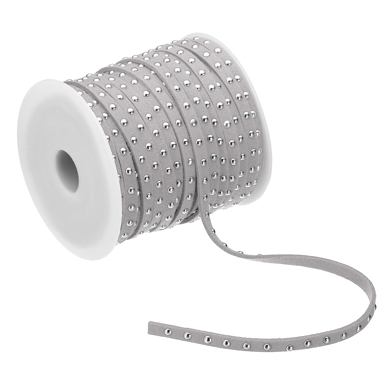 PATIKIL 65.6ft Studded Faux Suede Cord Rope for Jewelry Making, 5mm Micro Fibre Flat Leather Lace Beading String Ribbon with Rivets, Gray Silver
