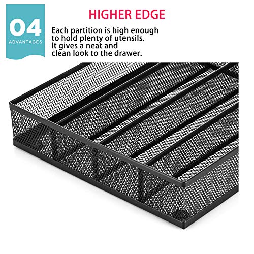 IRSHOME Solid Utensil Drawer Organizer, Cutlery Tray, Silverware/Flatware Storage Divider for Kitchen, Mesh Designing with Non-slip Foam Feet, 5 Component, Black- 1 Pack