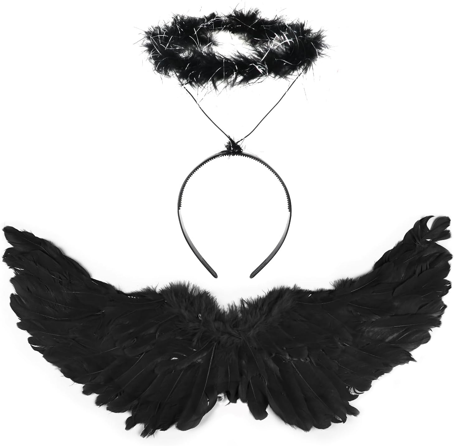 SULOLI Angel Wings and Halo, Black Fairy Angel Wings Fallen Angel Wings Halloween Fancy Dress Costume for Adult Halloween Christmas Party