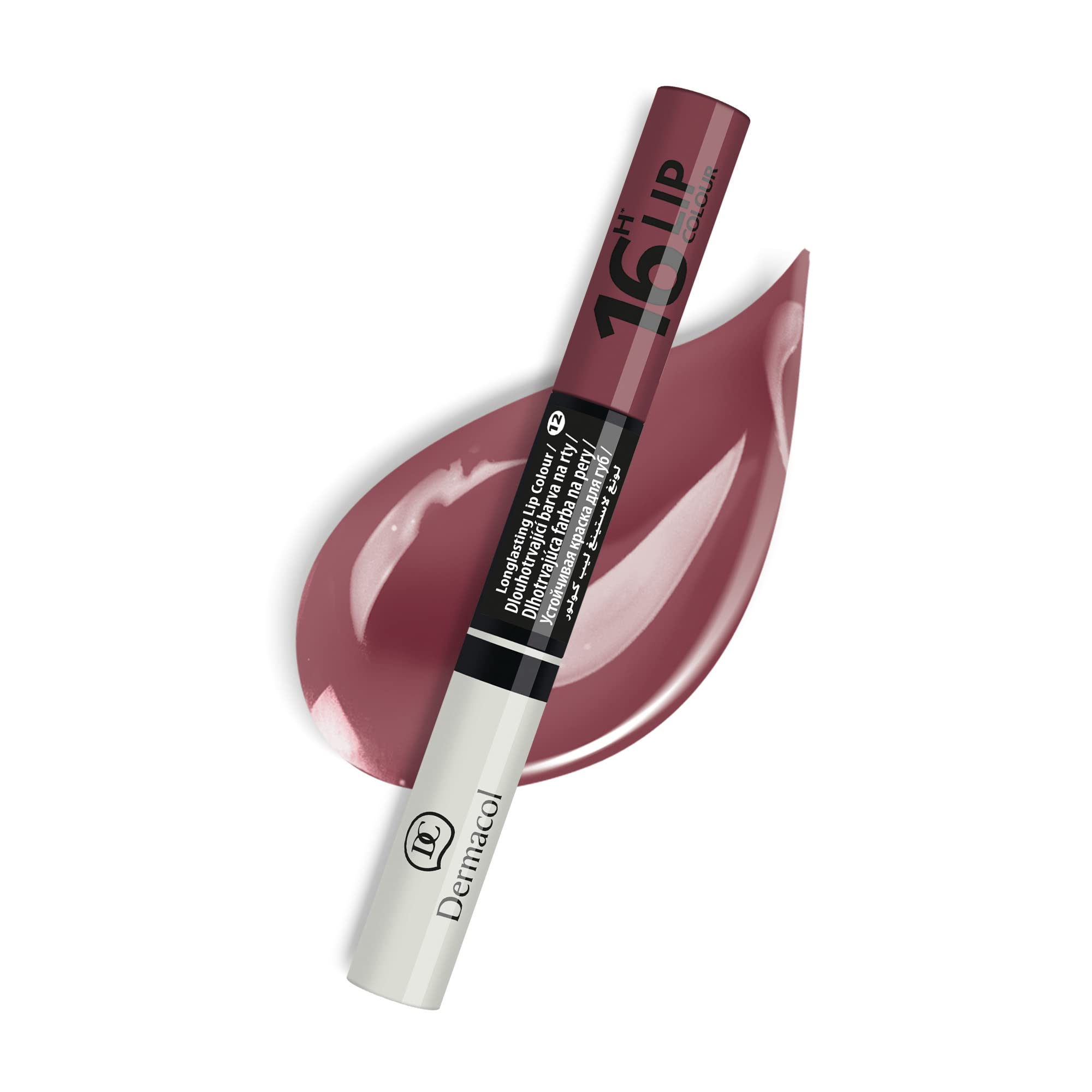 Dermacol - 16-Hour Lip Colour, Highly Pigmented Glossy Lip Stain, Two-Phase Lip Plumper Gloss, Kissproof Lip Makeup Products with Matte and Glitter Finish, No.12 Brown-Purple Lip Gloss, 7.1 mL