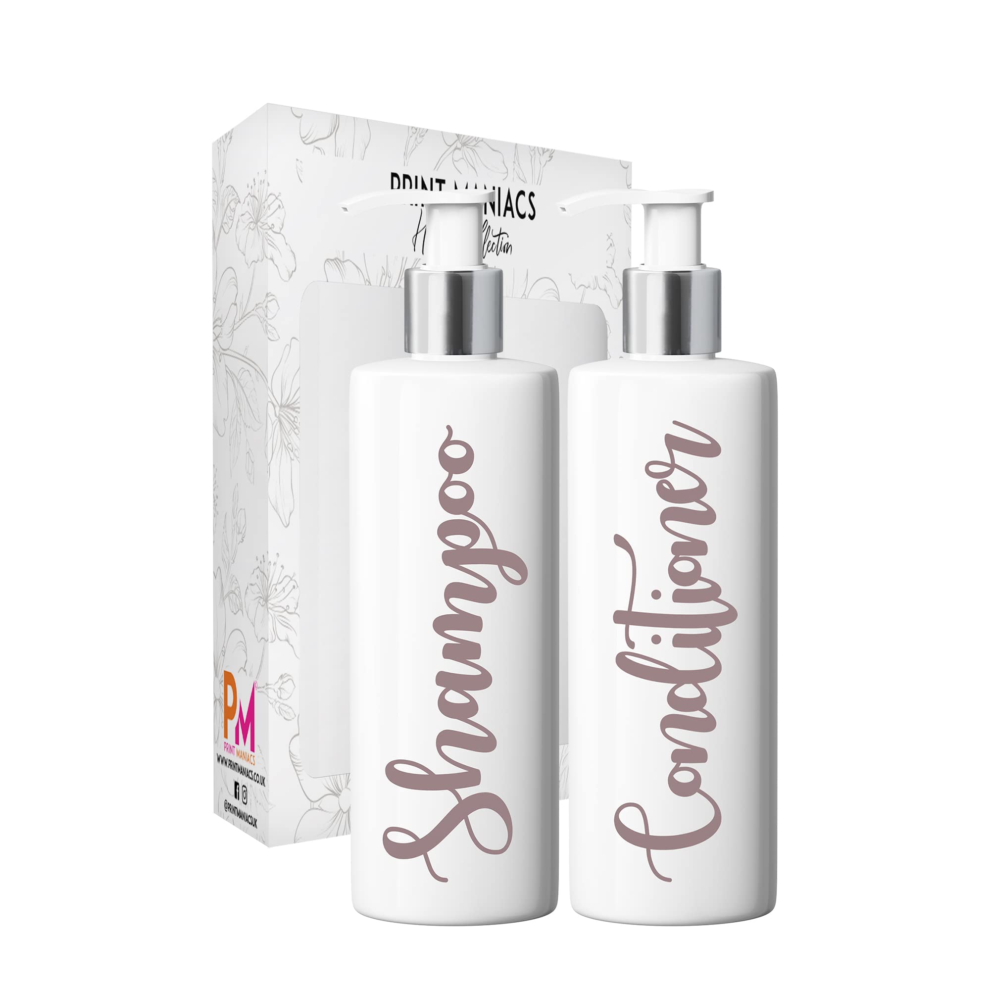 Print Maniacs 2 Set Mrs Hinch Inspired White Personalised Dispenser Pump Bottles Shampoo Conditioner (Matt Rose Gold)