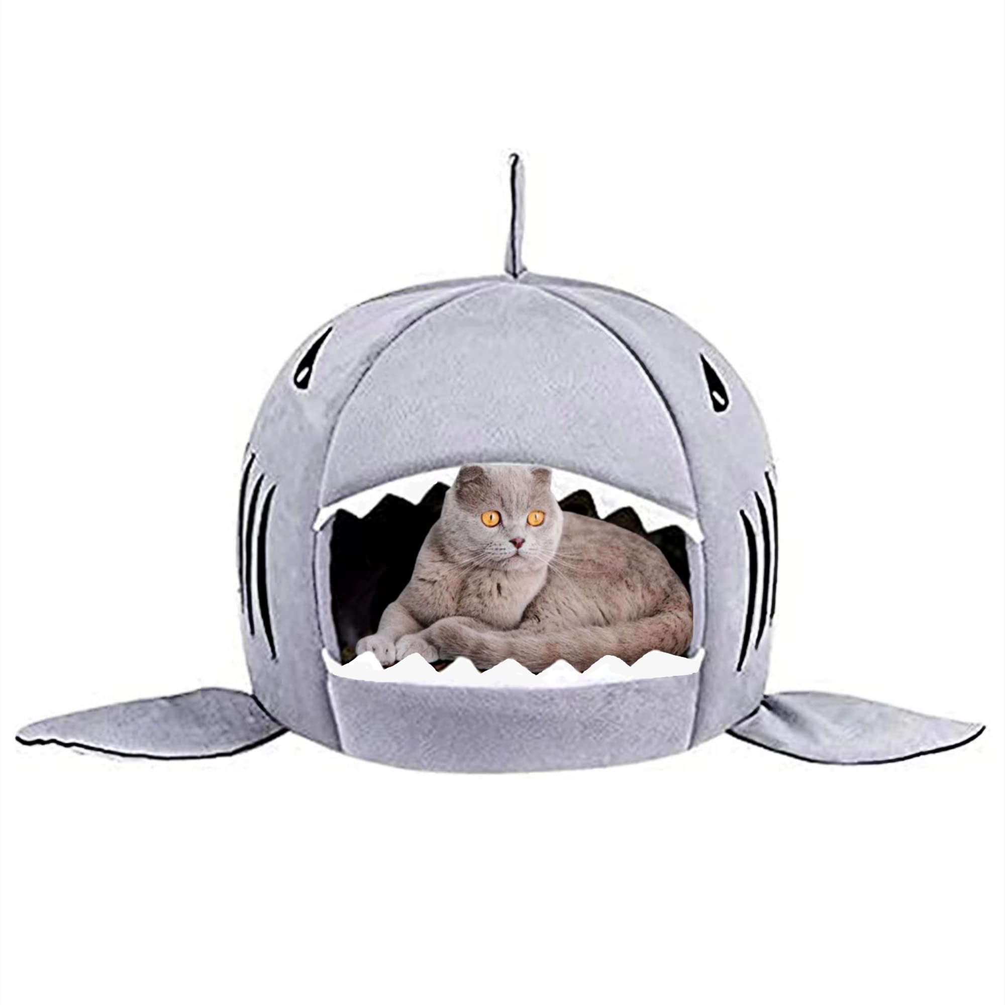Shark Cat Bed Igloo Tent for Cats & Small Dogs - Super Soft Fluffy Cat Cave Pet House with Removable & Washable Cushion, Portable Foldable Calming Pet Gift