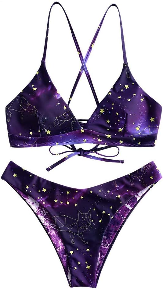 ZAFUL Women's Galaxy Print Star Constellation High Cut Lace-up Reversible Bikini Set