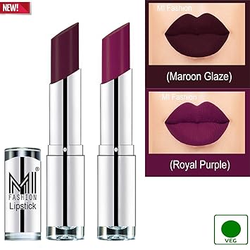 MI Fashion Brand New 100% Veg and Vitamin e Enriched Long Stay Soft Matte Addiction Lipstick Set of 2(Maroon Glaze and Royal Purple)