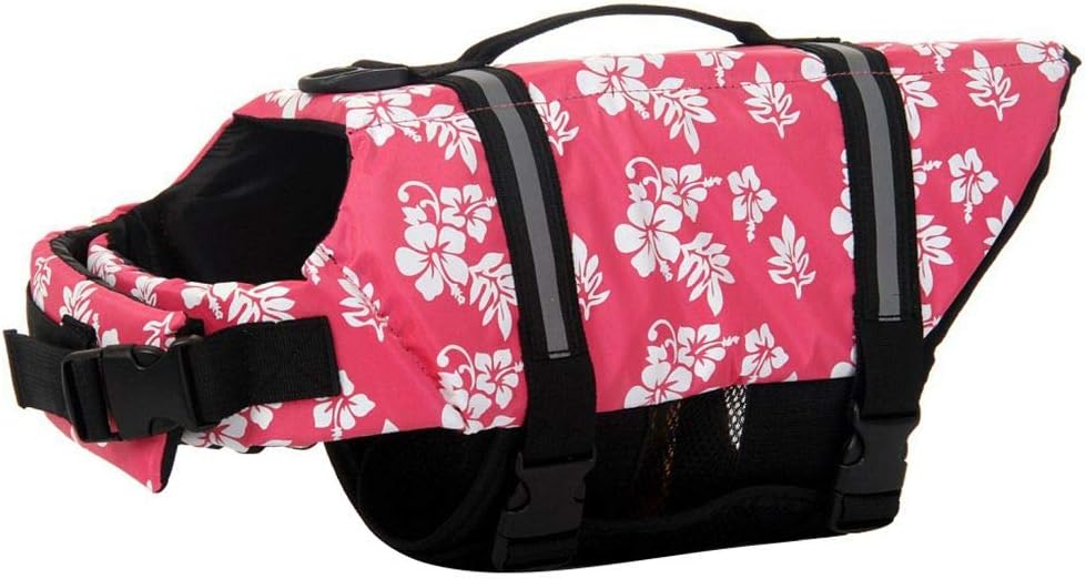 ChezAbbey Dog Life Jacket Adjustable Dog Lifesaver Preserver Swimsuit Dog Life Vest for Swimming and Boating Pink Flower XL