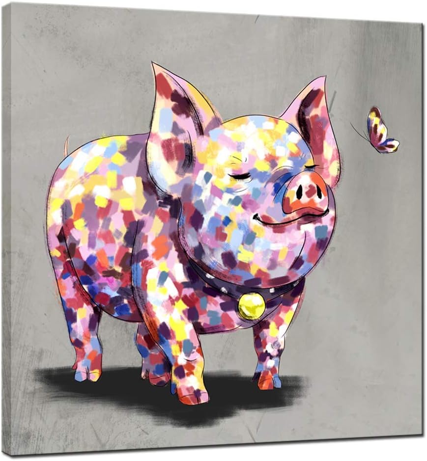 sechars - Funny Animal Canvas Art Cute Pig Baby with Butterfly Painting Prints on Canvas Gallery Wrap Colorful Animal Artwork for Kids Room Home Decoration