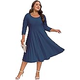 Moon Wood Women's Plus Size Midi Dress 3/4 Sleeve Crew Neck A-Line Flare Dresses with Pockets, Casual Dreses Daily Wear