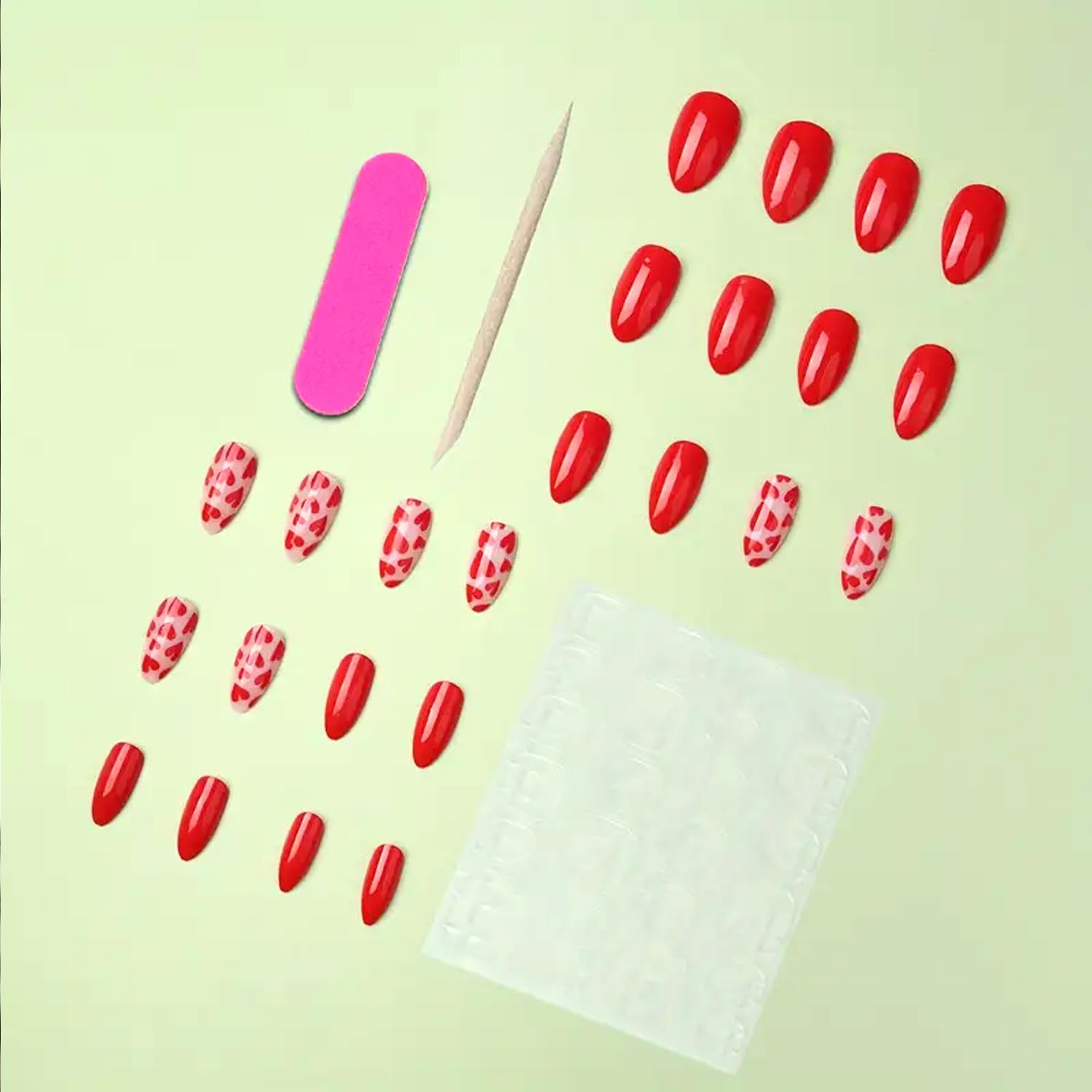 Valentine's Day Press On Nails Almond Medium, 24Pcs Valentine's Day Fake Nails Red Heart Full Cover Glossy Stick On Nails Valentines Day Nail Accessories for Women Girls (Red Heart Almond) - Image 3