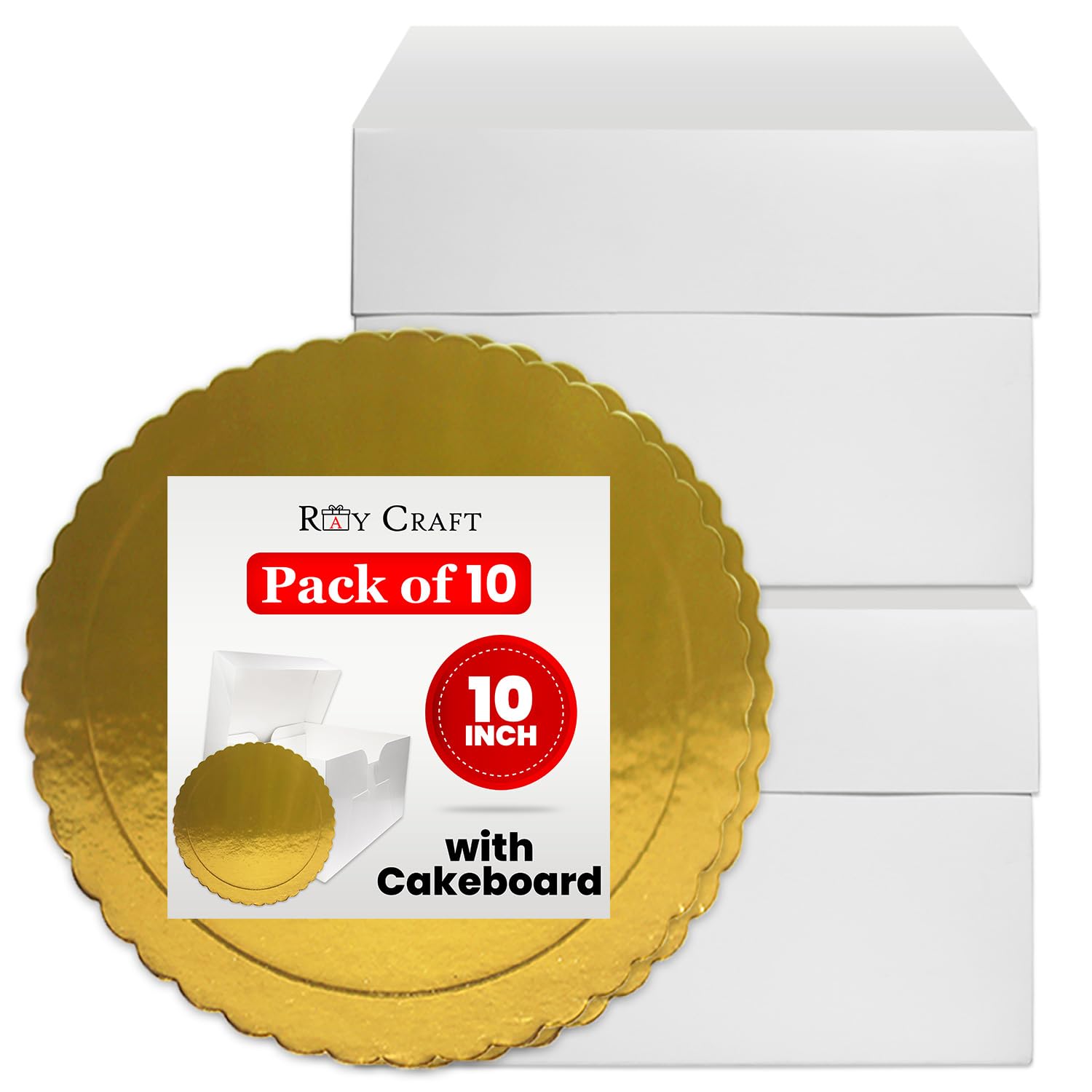 Cake Box 10 Inch Pack of 10 – Includes 10 White Cake Boxes with Removable Lids and 10 Golden Cake Boards – Strong Cardboard Cake Packaging for Cakes, Pies, Muffins, Donuts – Dust & Moisture Resistant