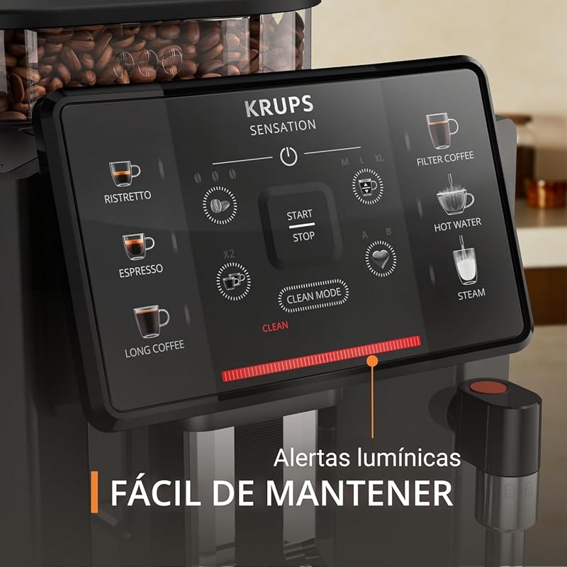 Cafeteira automática krups sensation c50 - potência 1450w, fácil utilização, 5 tipos de bebidas, 15 barras, fácil manutenção, alertas luminosos, fácil limpeza, configurações personalizadas, bocal de vapor, ea9108
