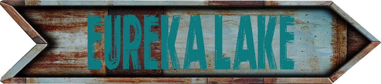 ANY AND ALL GRAPHICS Eureka Lake City 4"x18" Teal Lettering Arrow Shaped Rustic Antique Vintage Look Composite Aluminum Novelty d&eacute;cor Sign.
