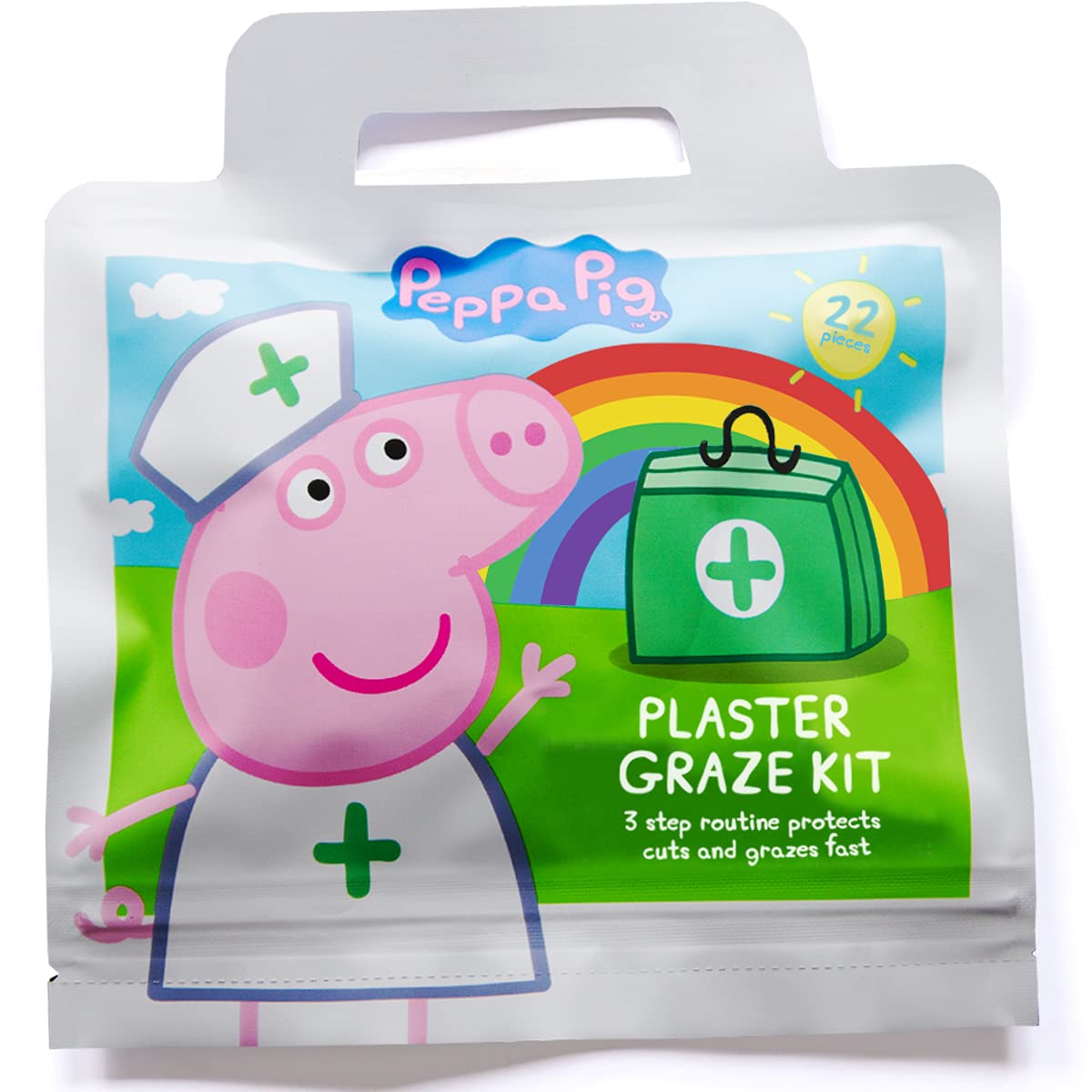 Peppa Pig Childrens Plaster Graze Kit / x22 Units / 6 Wound Wipes / 16 Plasters in 3 Sizes/Latex Free/Hypoallergenic/Wash Proof/Breathable/CE Certified/Resealable Pouch 22 Units