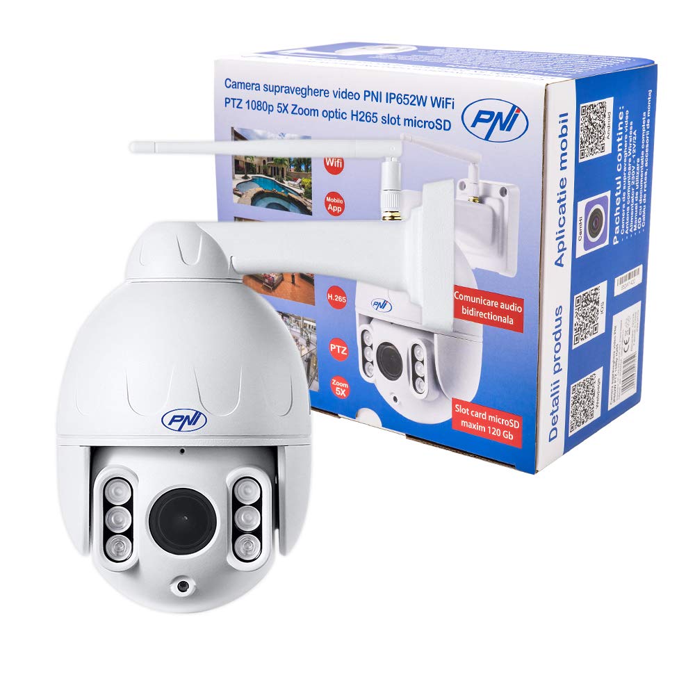 Video surveillance cameraPNI IP652W WiFi PTZ 1080p 2MP 5X Optical zoom H265 microSD slot Night Vision 50m IP66 Motion detection alarm Bidirectional audio communication