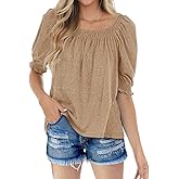 Sovelen Womens Casual Square Neck Puff Half Sleeve Tops Pleated Loose Basic Summer T Shirts Blouses