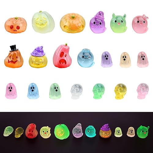 20 Pcs Halloween Mini Ghost Figurines Glowing Resin Ornaments Mini Figurines Cute Small Halloween Pumpkin Ghost Skeleton for Garden Desk Decorations and Goody Bag Filler Party Favors