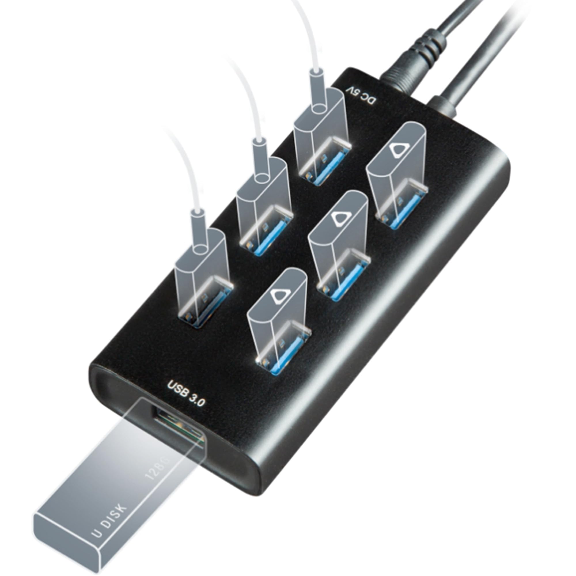 Rebuff Reality USB Hub 3.0 - 7-Port USB Hub with One Smart Charging Port, Supports Vive Tracker 3.0 2.0 & Other VR Dongles, Data Transfer for VR Trackers, MacBook, iMac, PC - Black, 31.5-inch Cable