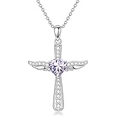 LEECCI Cross Necklaces for Women 925 Sterling Silver Angel Wings Crucifix Pendant Birthstone Cross Jewelry for Women