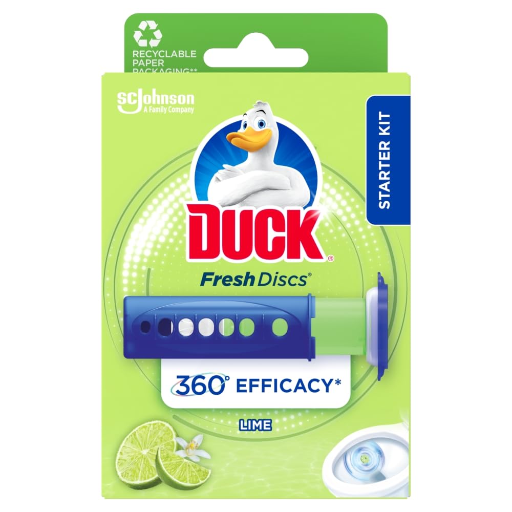 Duck Fresh Disc Toilet Cleaner Starter Pack, Toilet Bowl Sanitiser & Descaler, Lime, 1 Holder + 36 ml Refill