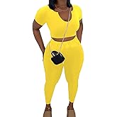 Nimsruc 2 Piece Sets For Women Sexy Casual Workout Crop Short Sleeve Long pants Leggings Sets Summer Active Wear