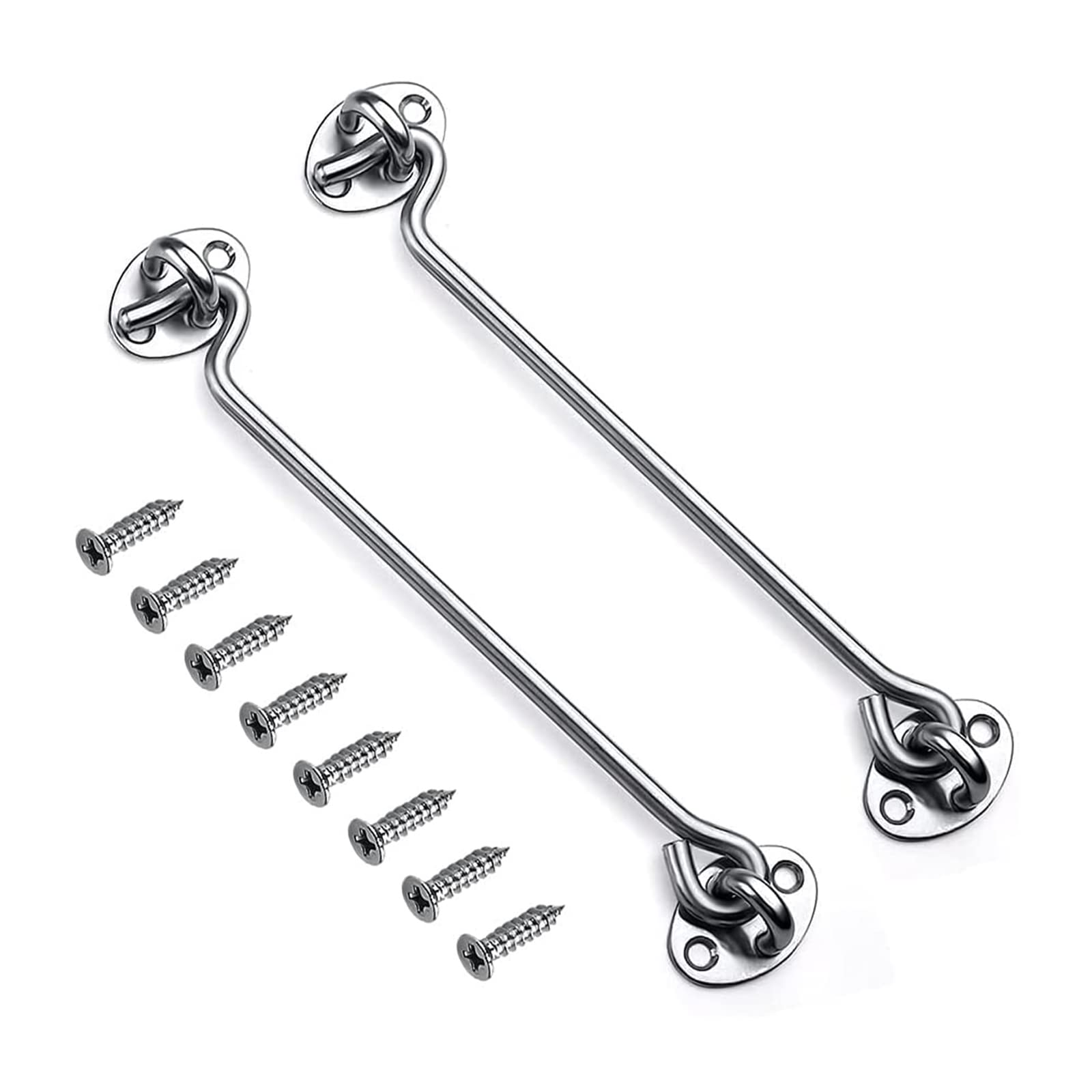 Mgoodoo 10 Inch Hook and Eye Latch Door Lock, Stainless Steel Gate Cabin Hooks, 2Pcs 250mm Hook Eye Latch Door Lock Latches for Wooden Gate Patio Door Window Brace Shed Catch Hooks Silver