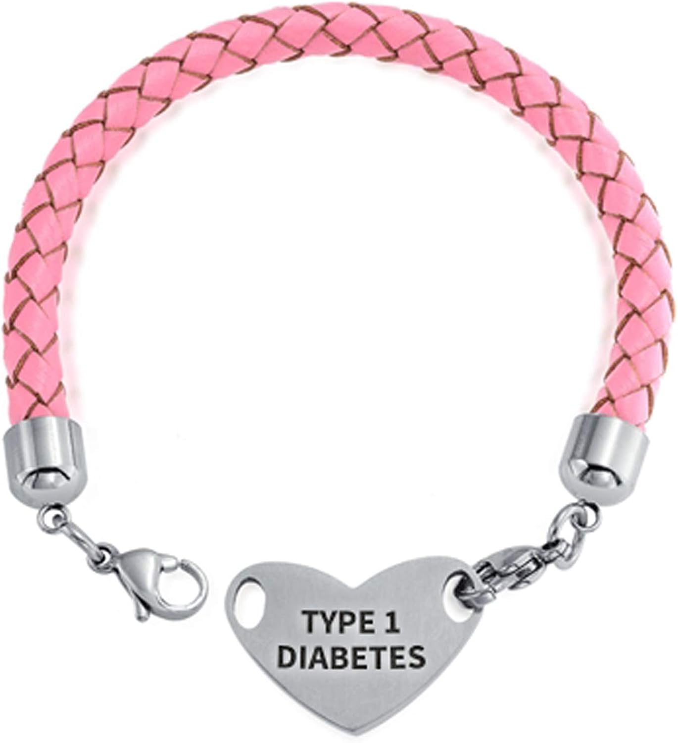 Type 1 Diabetes Identification Medical Alert ID Bracelet Pink Braided Leather For Women