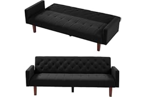 Setawix Linen Upholstered Futon Sofa Bed Modern Convertible Sleeper Sofa Couch for Living Room 74" Tufted 3 Seater Sofa Futons for Bedroom,Guest,Office,Dorm and Small Spaces (Black)
