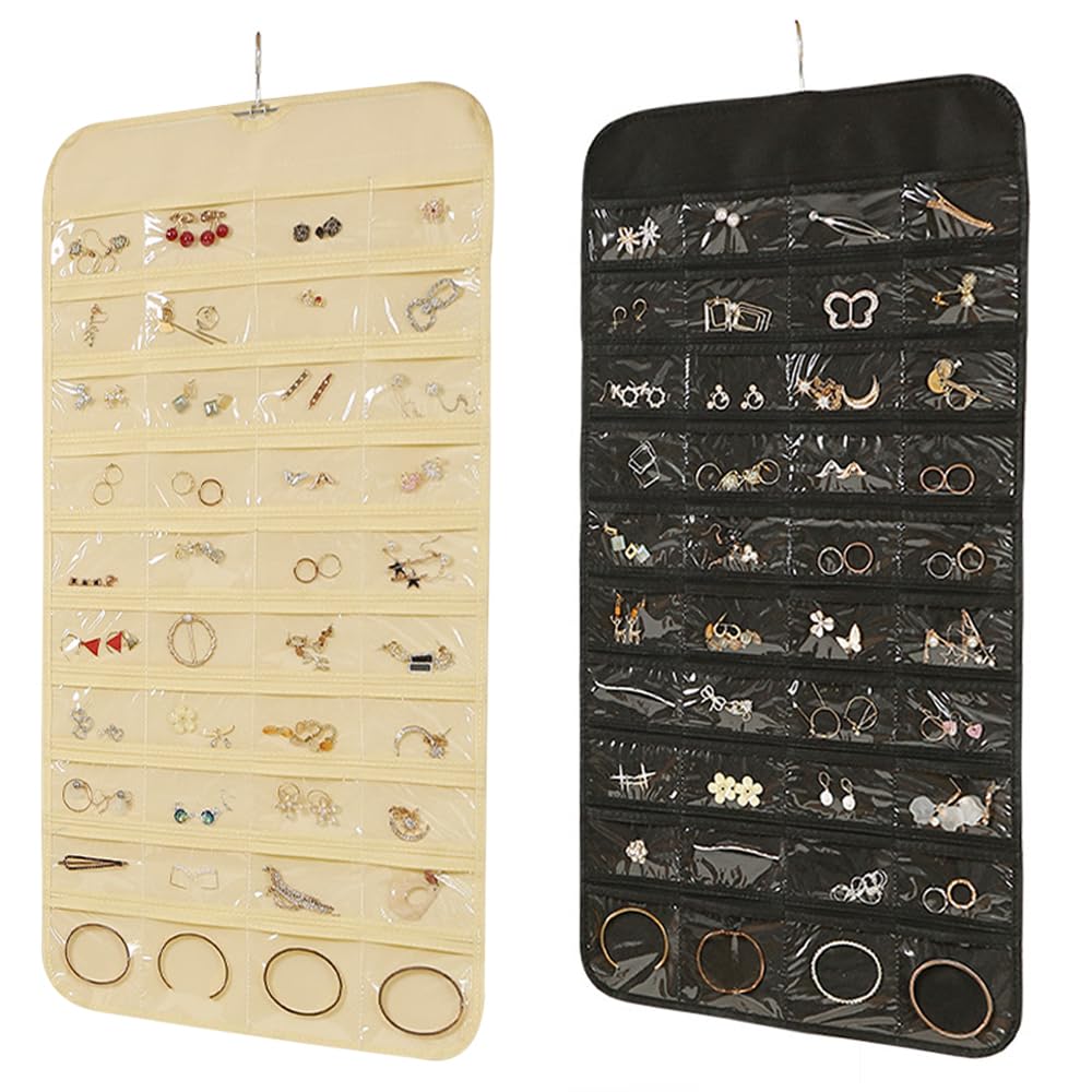 YDAKGUEY Hanging Jewellery Organiser, 2 Pcs Double-Sided Earring Storage with 80 Clear Pockets, 43X86cm Ring Necklace Holder for Jewellery Cosmetics Accessories