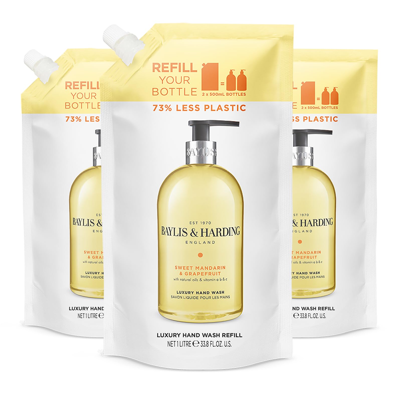 Baylis & Harding Sweet Mandarin & Grapefruit Hand Wash 1 Litre Refill Pouch (Pack of 3) - Vegan Friendly