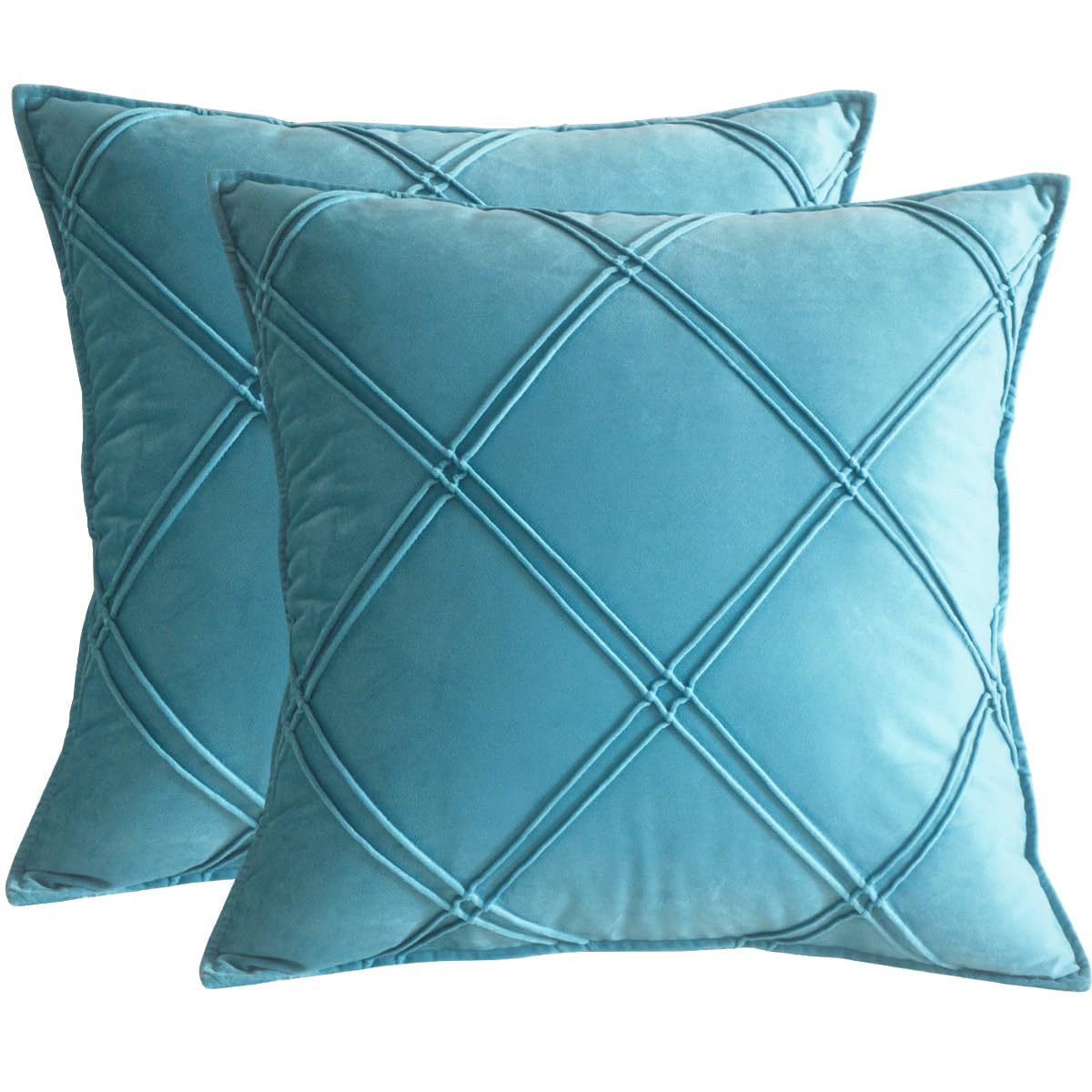 Lutanky Peacock Blue Velvet Cushion Covers Decorative Square Throw Pillow Covers Checked Design Elegant Pillowcases for Sofa Bed Living Room 18x18inch 45x45cm Set of 2