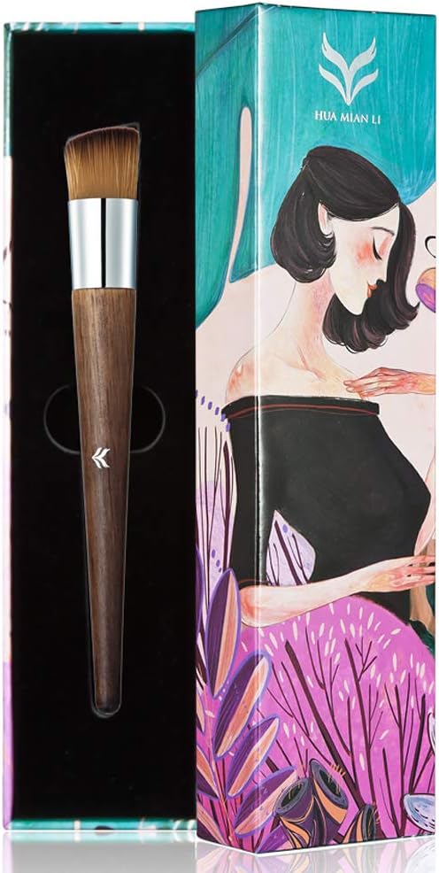 HUA MIAN LI Professional Angled Flat Top Kabuki Face Brush 100% Wool Makeup Blusher Brush with Wooden Hand Cosmetic Face Foundation Brush for Blending Liquid, Cream or Flawless Powder Cosmetics