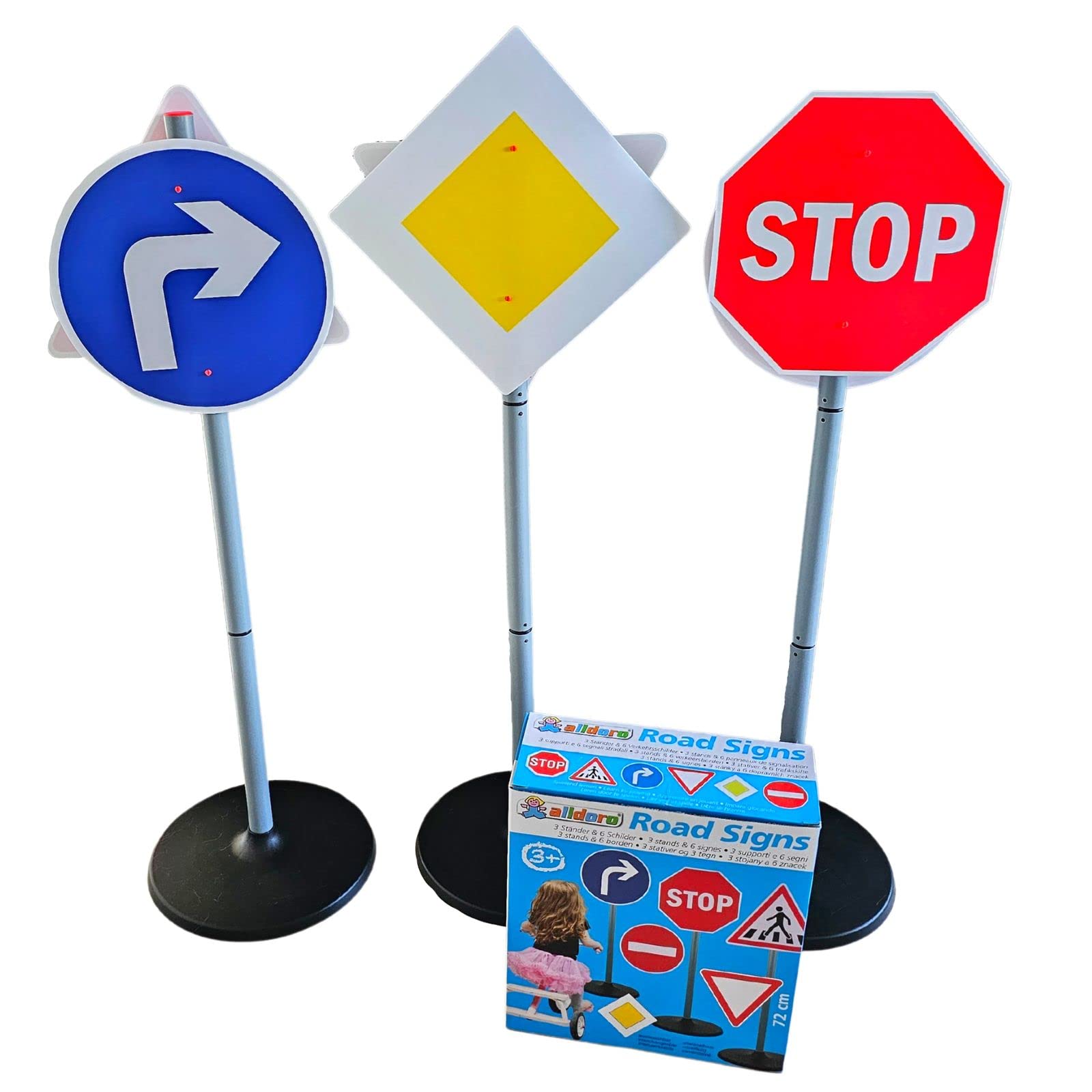 alldoro 60096 Traffic Signs for Children, Approx. 72 cm High, 3 Stands, 6 Signs and 12 Retaining Clips, for a Small Traffic Course