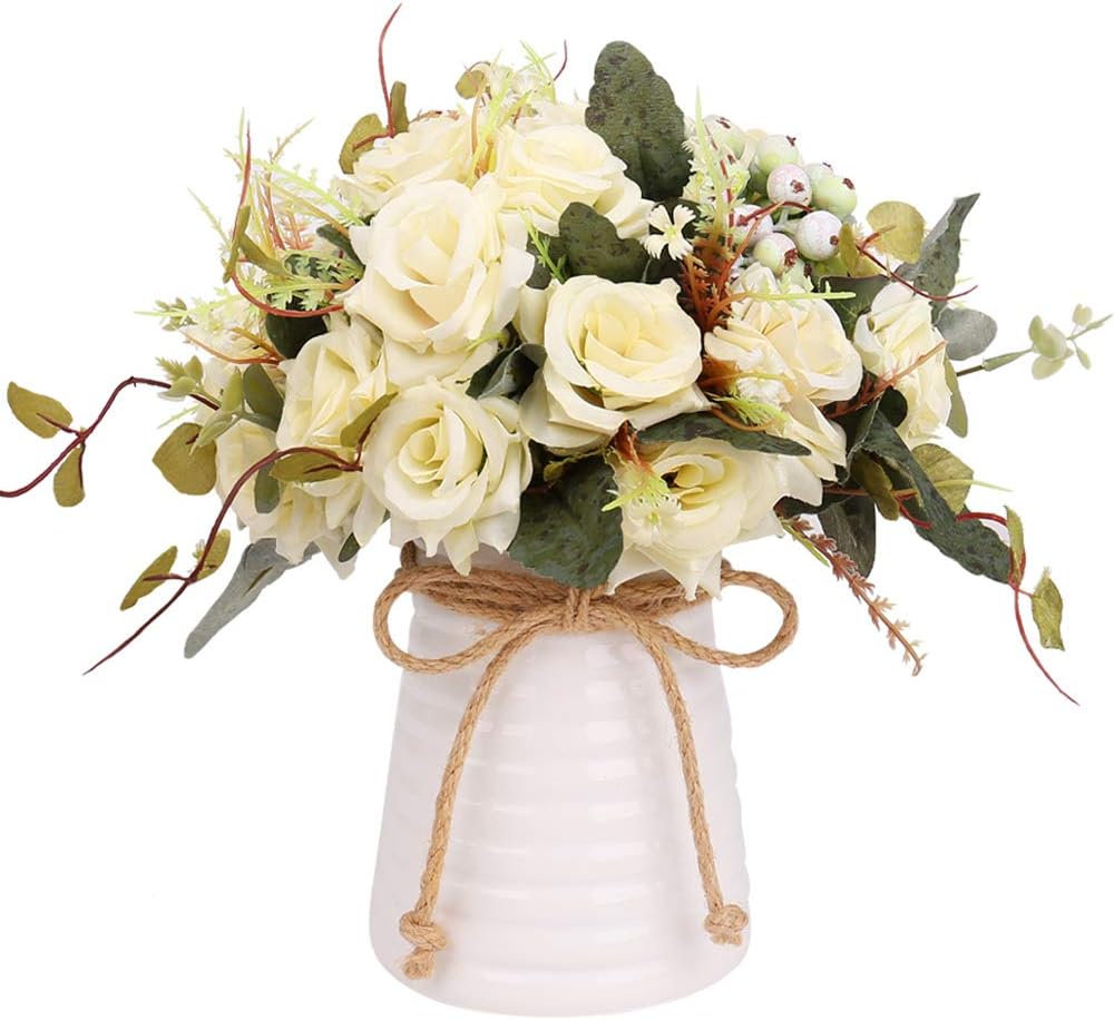 YILIYAJIA Artificial Flowers in Vase Silk Rose Flower Arrangements Fake Faux Flowers Bouquets with Ceramics Vase Table Centerpieces for Dinning Roon Table Kitchen Decoration(Champagne-B)