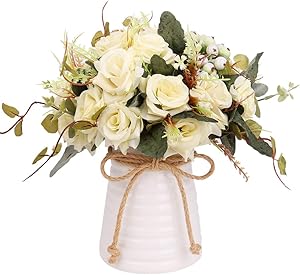 YILIYAJIA Artificial Flowers in Vase Silk Rose Flower Arrangements Fake Faux Flowers Bouquets with Ceramics Vase Table Centerpieces for Dinning Roon Table Kitchen Decoration(Champagne-B)