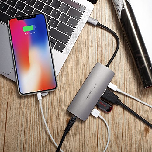 Pepper Jobs USB C 3.1 Hub with Gigabit Ethernet,2 USB 3.0 Port,HDMI Port,And PD Port,Type C Charging Hub for 2016 2017 MacBook Pro 13 15, MacBook 12, Dell XPS
