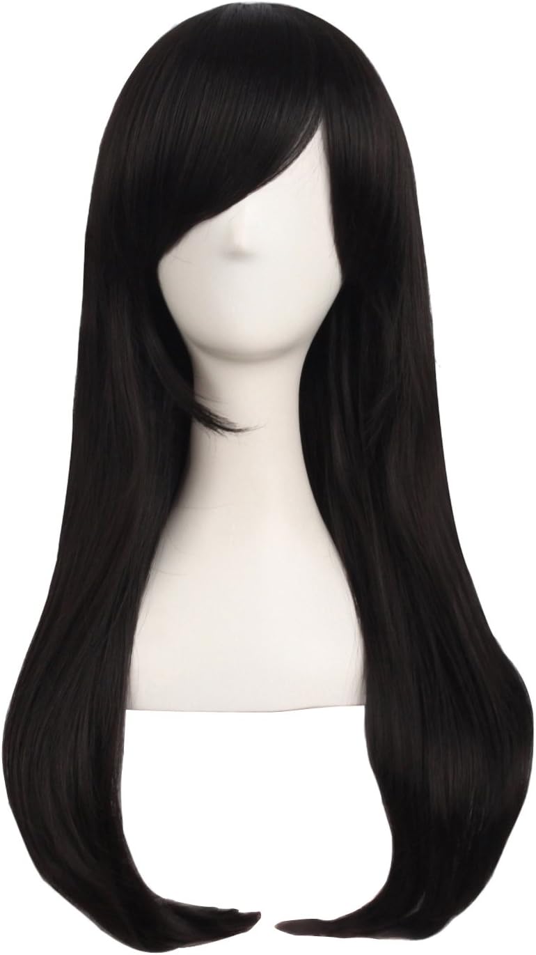 MapofBeauty 24 Inch/60cm Side Bangs Stylish Long Great Wavy Curly Cosplay Party Wig(Black), Brownish Black, 60 cm