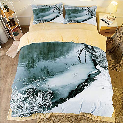 All Season Flannel Bedding Duvet Covers Sets for Girl Boy Kids 4-Piece Full for bed width 4ft Pattern Customized bedding for boys and young children,Nature,Winter Forest with Frozen Snowy Foliage Gras