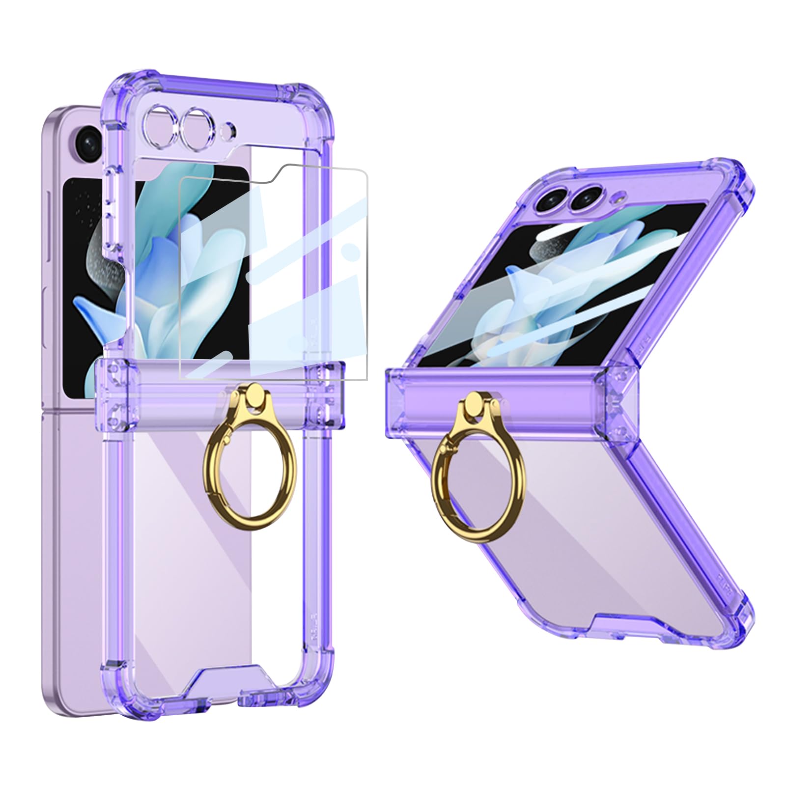 Photo 1 of PUROOM for Samsung Galaxy Z Flip 5 Case Hinge Protection Luxury Soft Transparent with Ring Holder Built-in Screen Protector All-Inclusive Shockproof Case (Purple)
