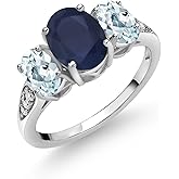 10K White Gold Gemstone Birthstone and Aquamarine 3-Stone Engagement Ring for Women with Lab Grown Diamond Accents | Oval 8X6MM & 6X4MM | Three Stone Wedding Anniversary Promise Ring | Sizes 5-9
