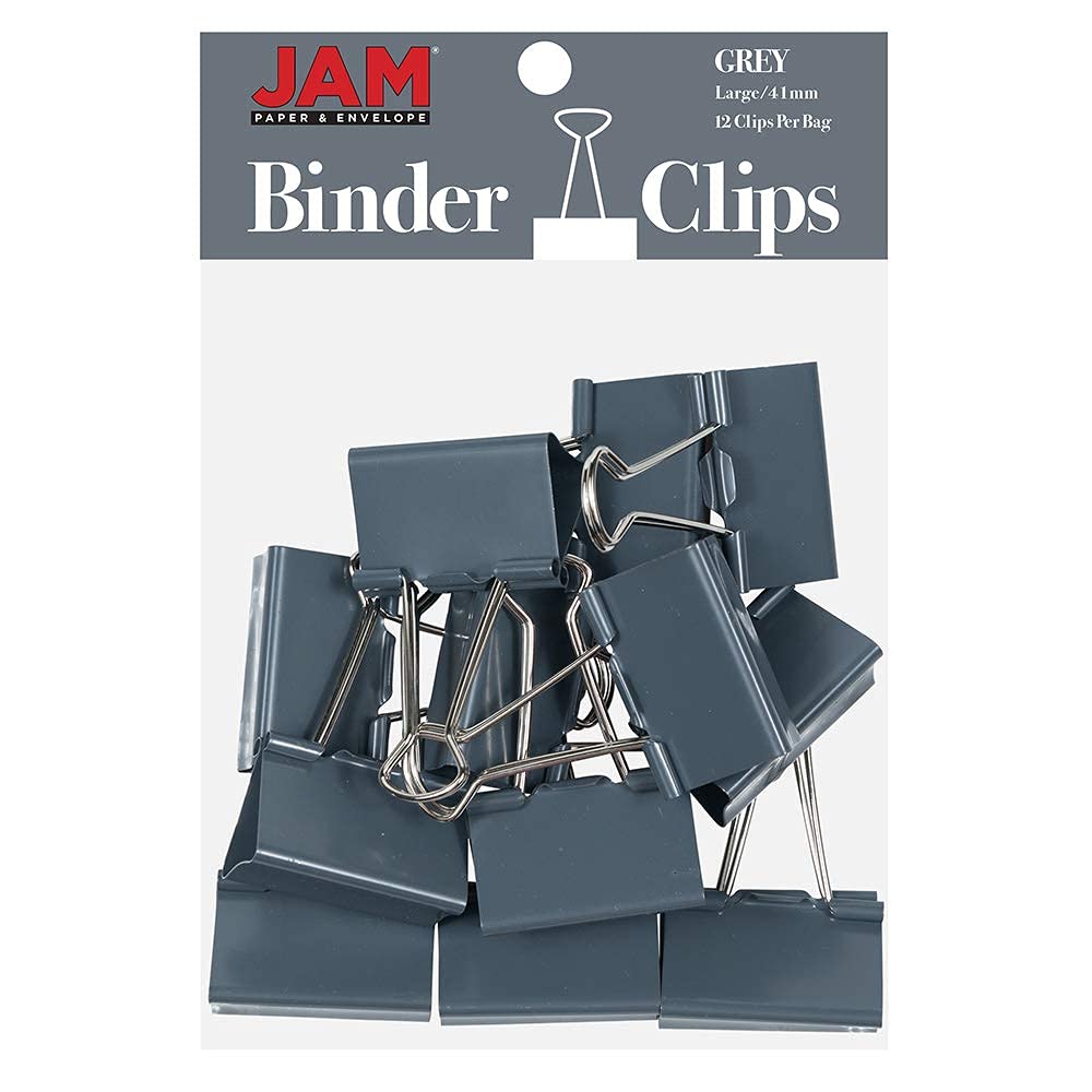 JAM PAPER Colourful Foldback Clips - Large - 41 mm - Grey Binderclips - 12/Pack