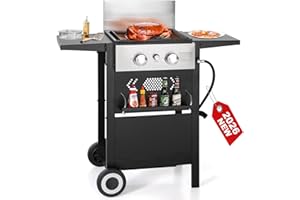 GREEN PARTY 2 Burner Griddle Grill Combo, 2 in 1 Propane Gas BBQ Grill w/Cast Iron Plate, 20,000 BTU Output Small Flat Top Propane Barbecue Grill for Camping, Patio, Backyard, Balcony