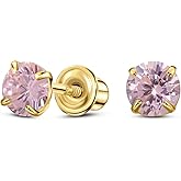 Solid 14K Gold Round Solitaire Simulated-Birthstone Minimalist Stud Earring with Comfort Screw Backing