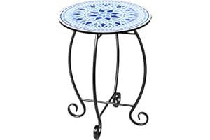 The Home Cult 14" Round Outdoor Side Table, Metal Scrollwork Accent End Table with Unique Relief Ceramic Tile Tabletop, Coffee Tea Table Nightstand for Living Room, Bedroom
