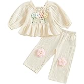 Amnnchya Toddler Baby Girl Outfits Infant Puff Sleeve Smocked Floral Tops Pants Cute Kids Girls Fall Winter Clothes Set