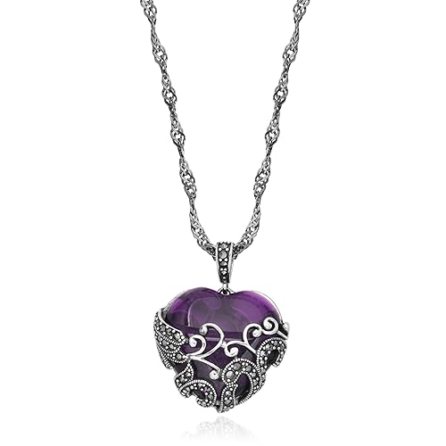 Amazon Essentials Sterling Silver Oxidized Genuine Marcasite and Amethyst Colored Glass Filigree Heart Pendant Necklace, 18" (previously Amazon Collection)