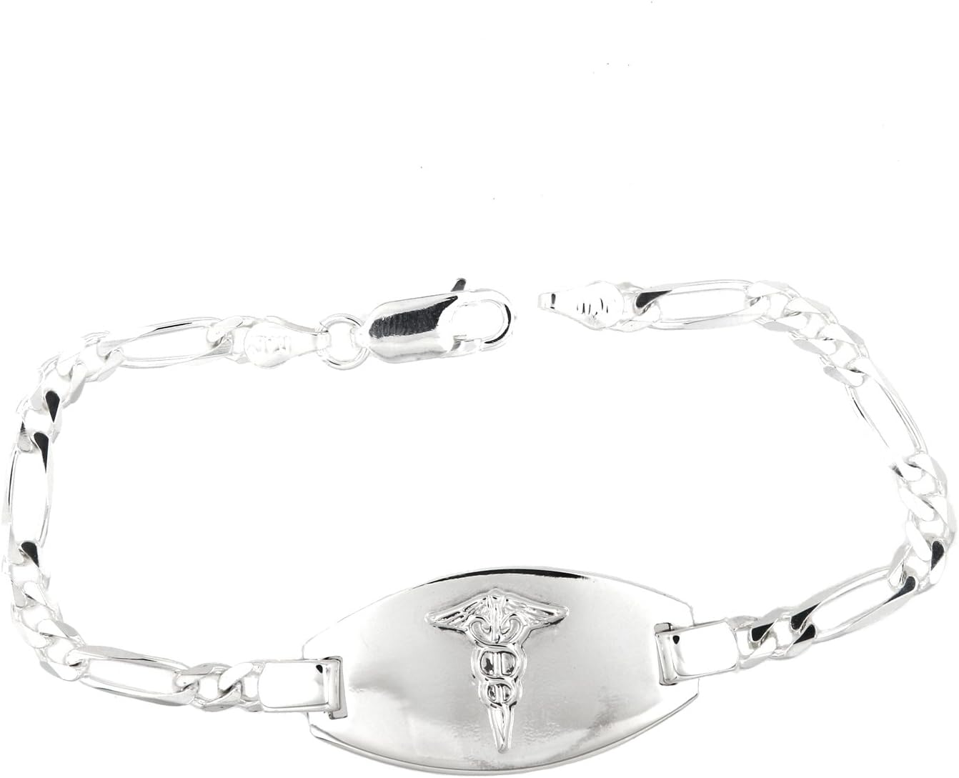 LGUSterling Silver Medical Alert Identification Figaro Chain Engravable Bracelet