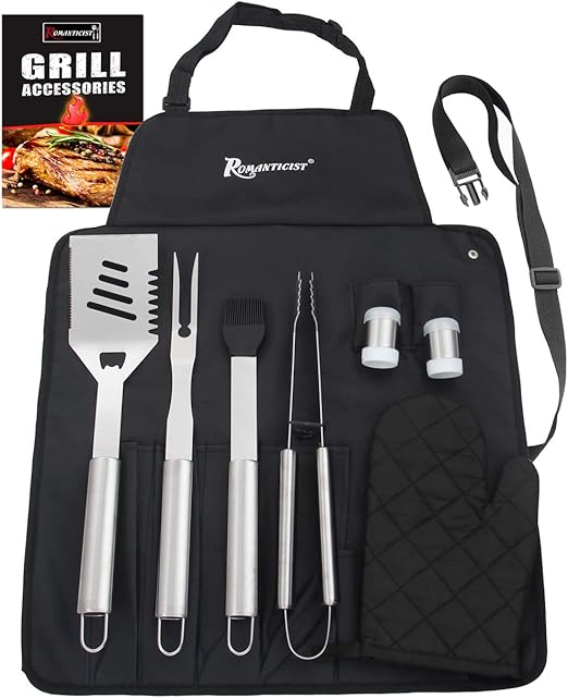 ROMANTICIST 8Pcs Stainless Steel BBQ Grill Tool Set with Storage Apron