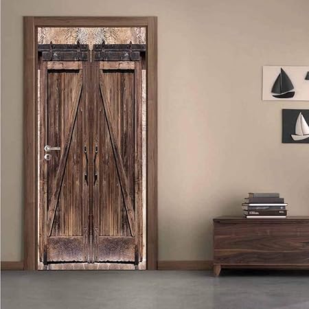 Rustic Door Sticker Wall Paper Wooden Barn Door Image For Home