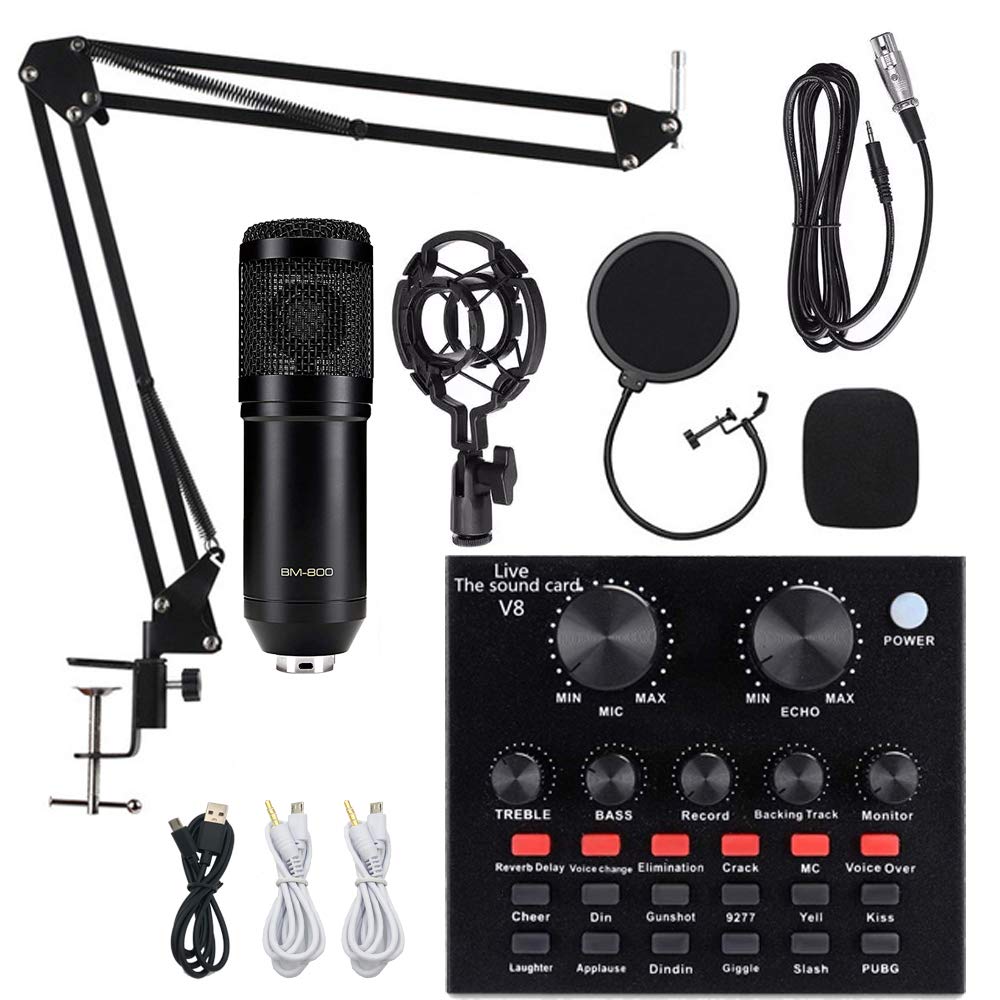 RUBEHOOW V8 Condenser Microphone Bundle With BM-800 Live Sound Card,Adjustable Mic Suspension Scissor Arm, Metal Shock Mount and Double-Layer Pop Filter for Studio Recording & Broadcasting (Black)