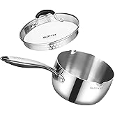 SLOTTET Tri-Ply Whole-Clad Stainless Steel Sauce Pan with Pour Spout,1.5 Quart Small Multipurpose Pasta Pot with Strainer Glass Lid, Saucepan for Cooking with Stay-cool Handle.